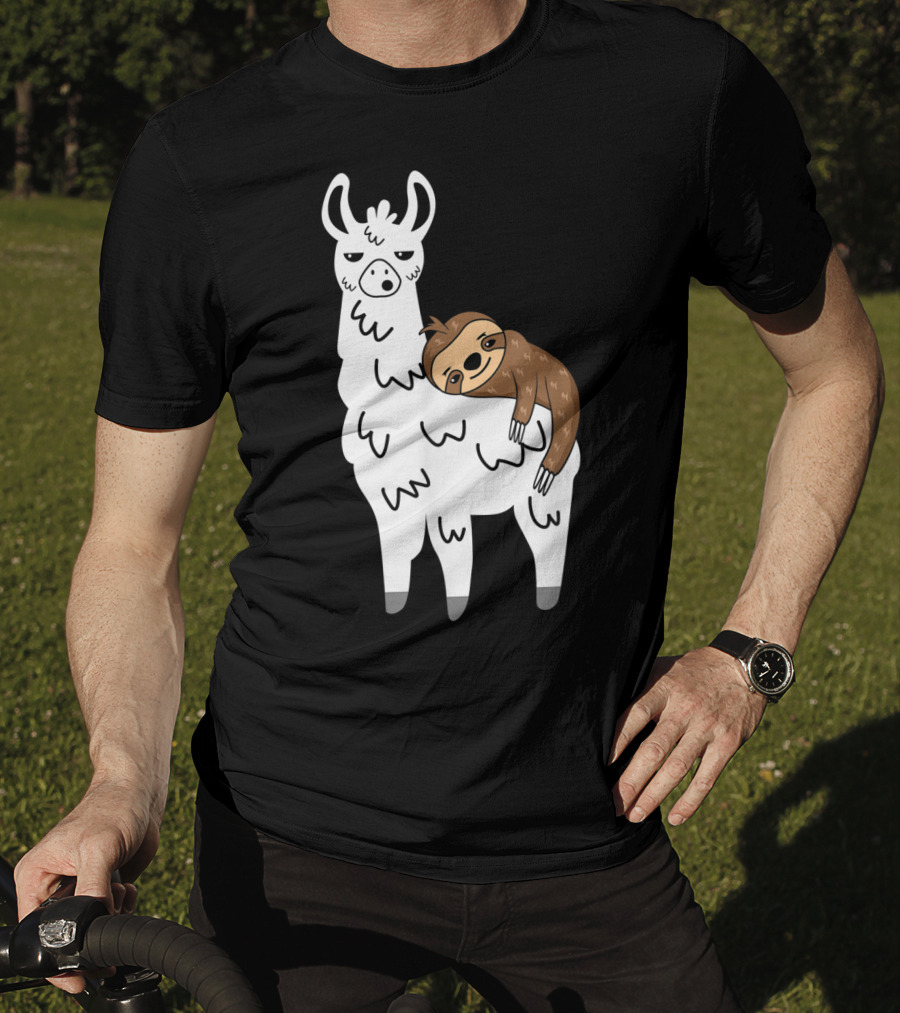 Funny Fluffy Sloth Hugging A Llama T-Shirt
