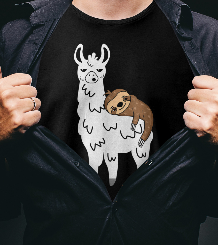 Funny Fluffy Sloth Hugging A Llama T-Shirt