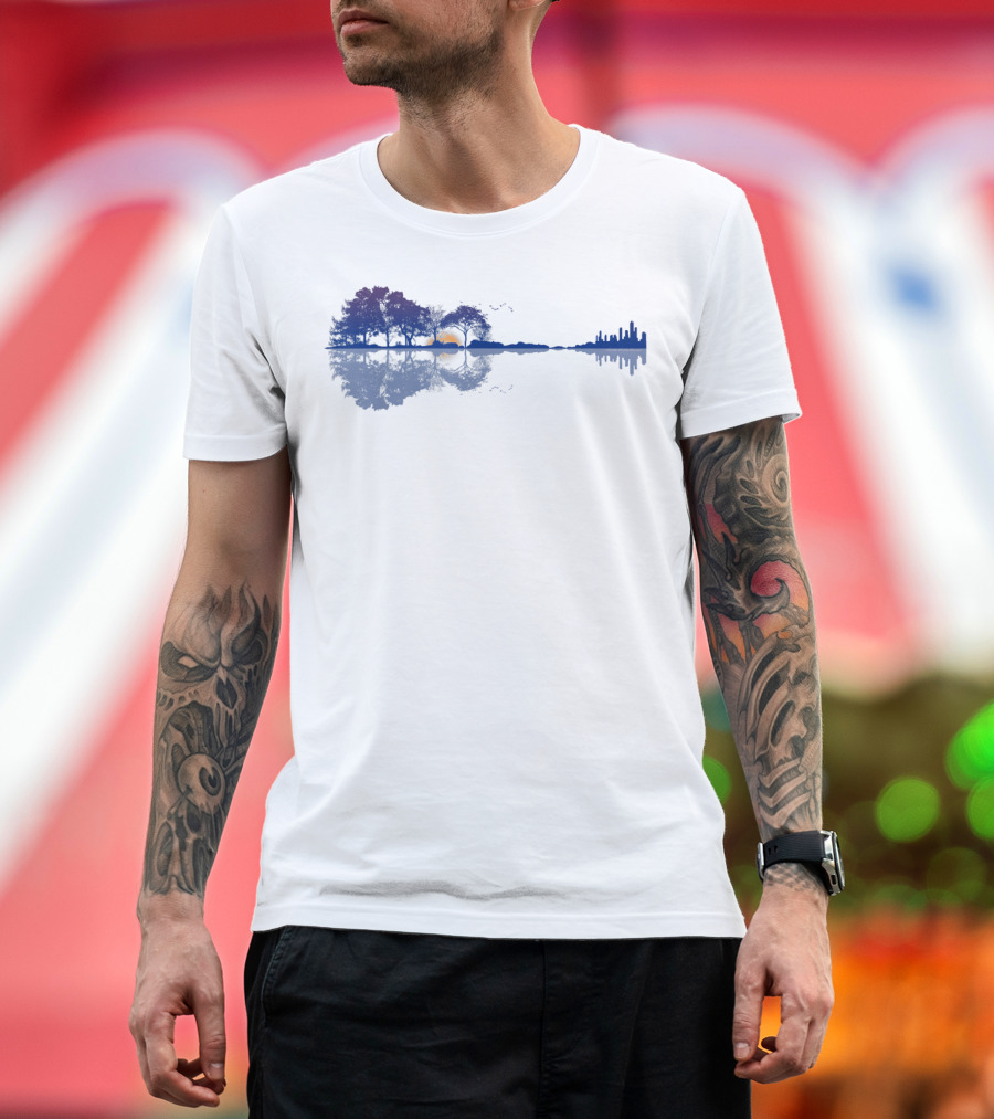 Guitar Reflections Lake Scene For Music Lovers T-Shirt