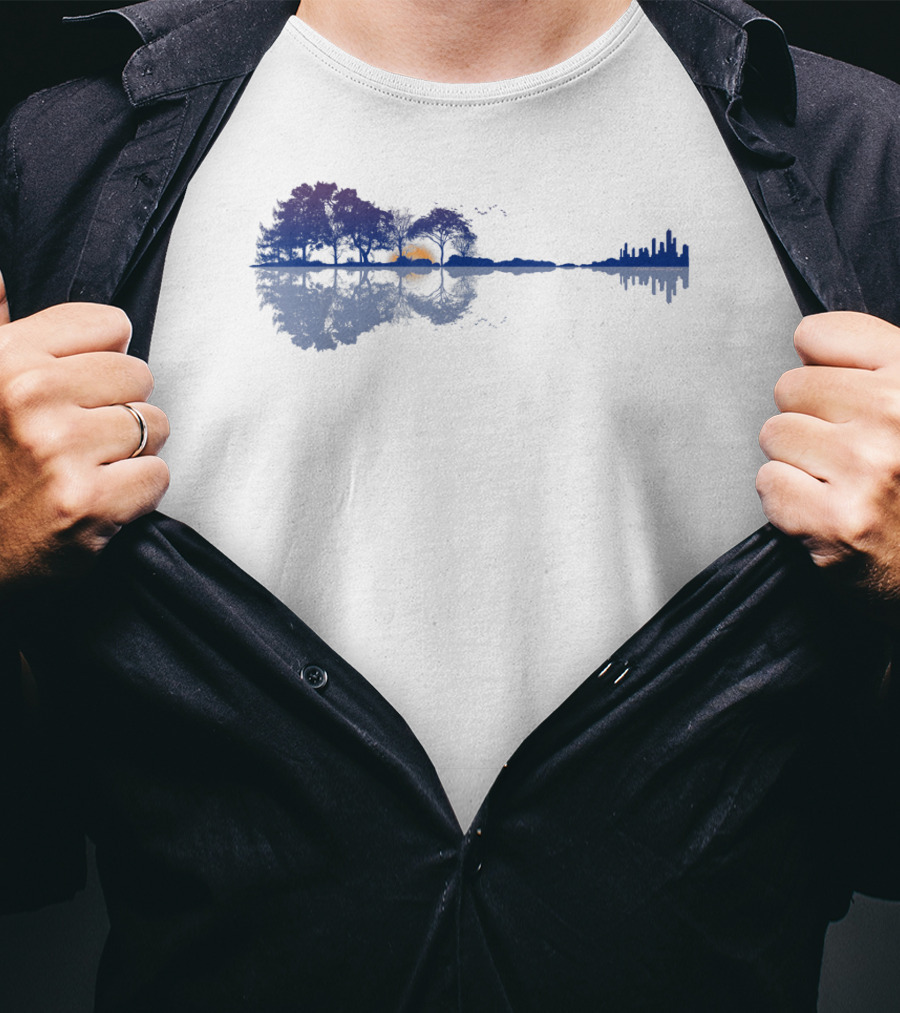 Guitar Reflections Lake Scene For Music Lovers T-Shirt