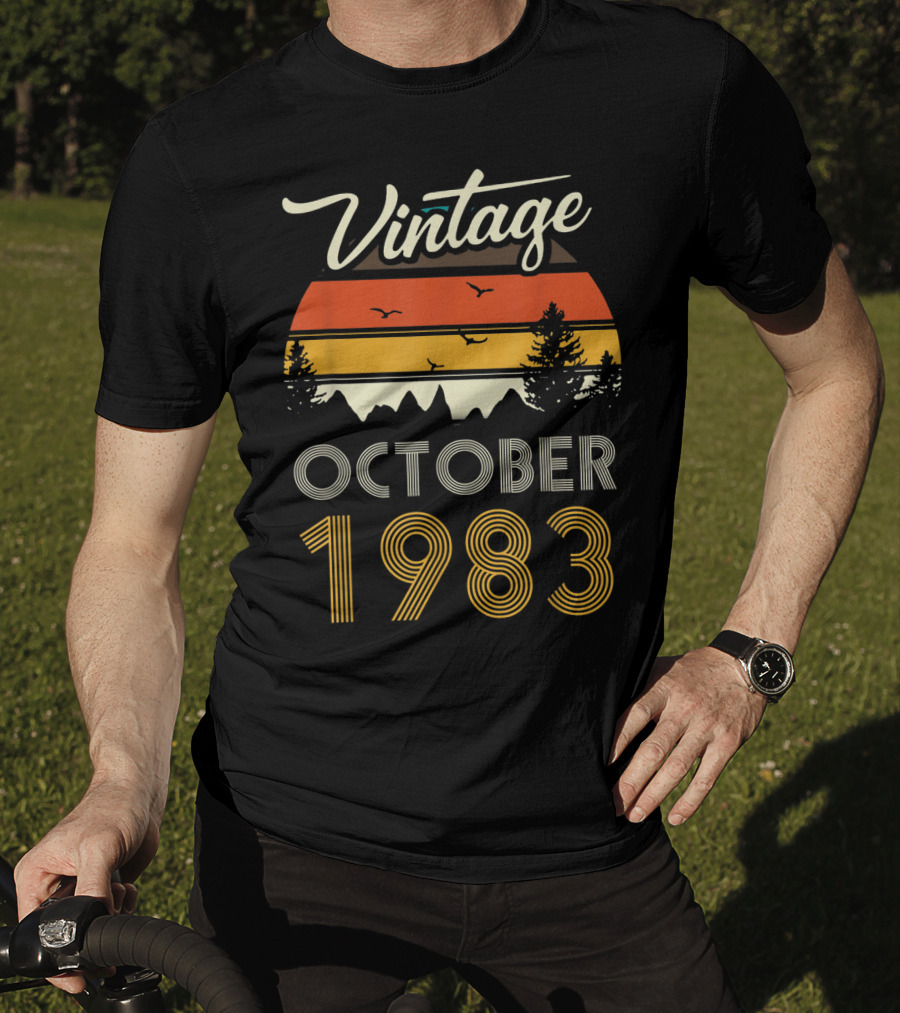 Vintage October 1983 Retro Sunset Pines And Birds T-Shirt
