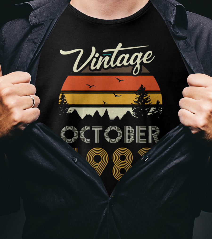 Vintage October 1983 Retro Sunset Pines And Birds T-Shirt