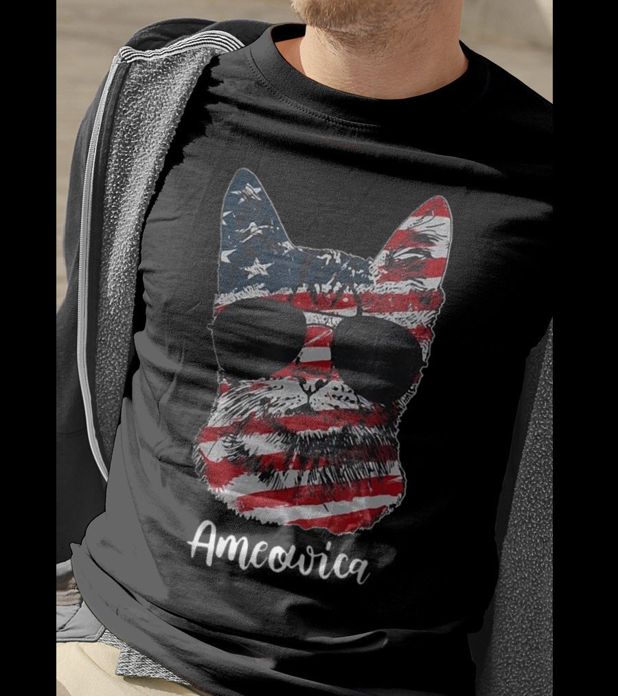 Ameowica American Flag Cat With Sunglasses T-Shirt