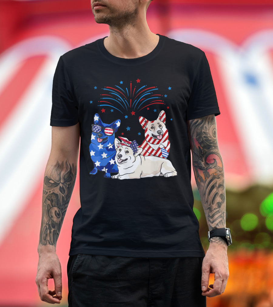 American Flag Stars and Stripes Corgi 4th of July Fireworks T-Shirt