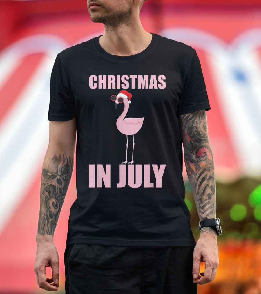 Christmas In July Funny Flamingo in Santa Hat T-Shirt