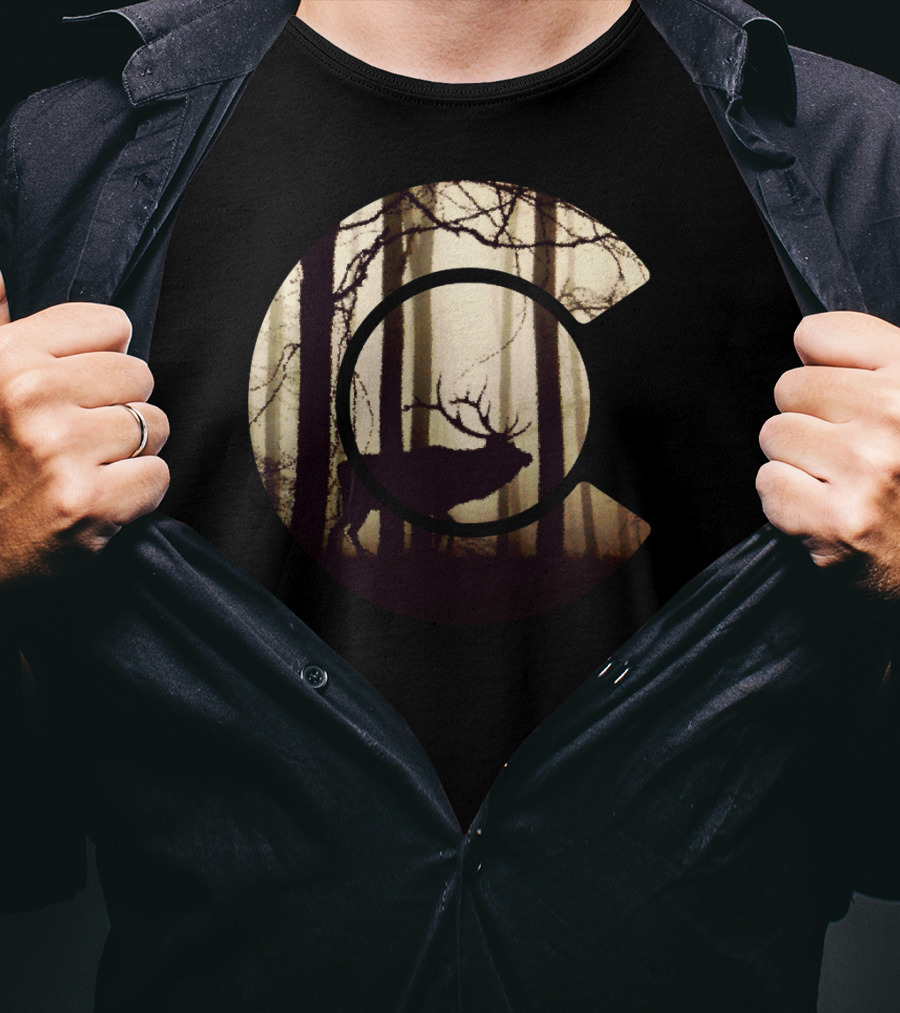 Colorado Elk Silhouette In Forest Scene T-Shirt