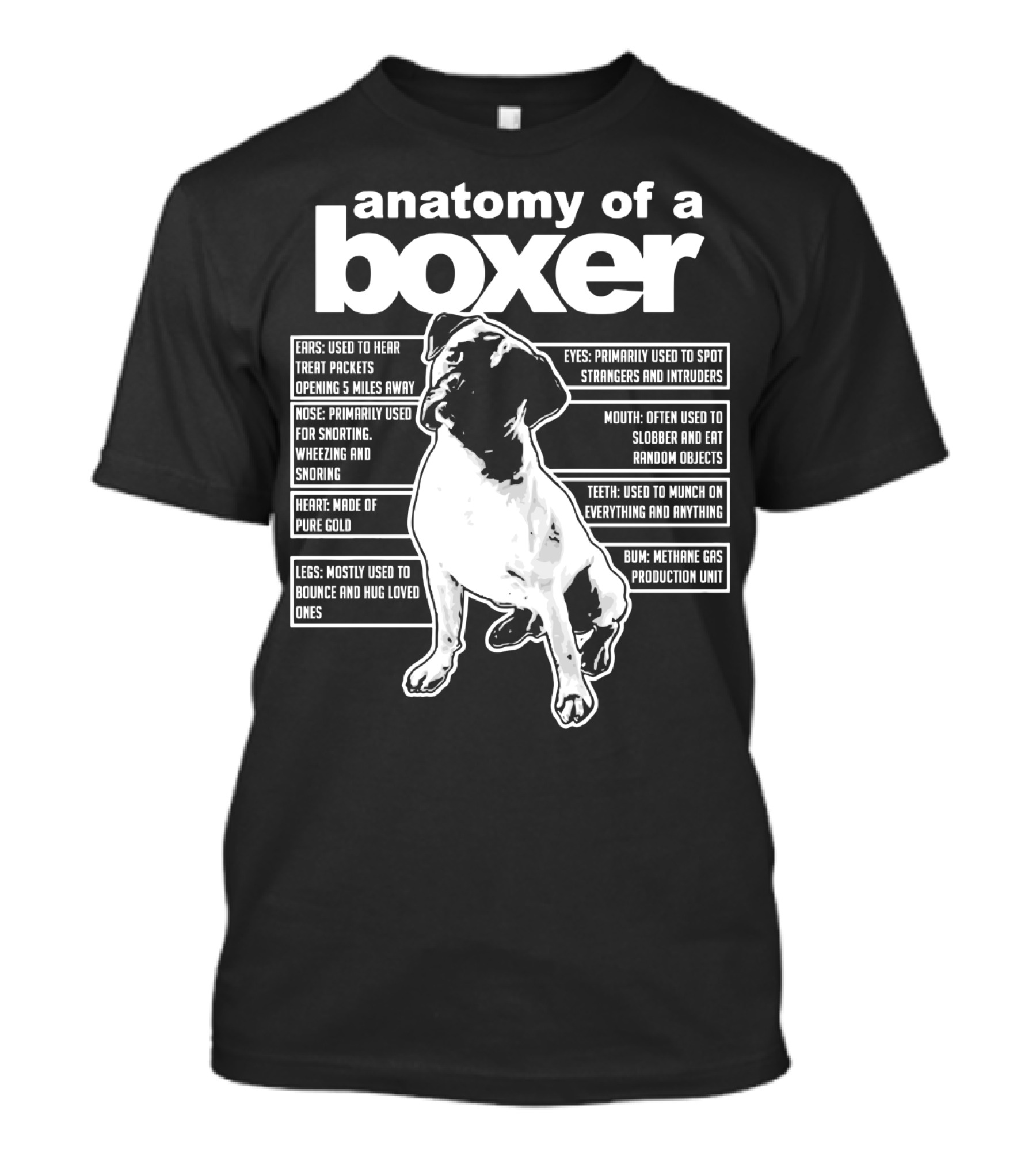 Anatomy Of A Boxer Funny Boxer With Ears Eyes Nose Mouth Heart Legs Teeth Bun T-Shirt