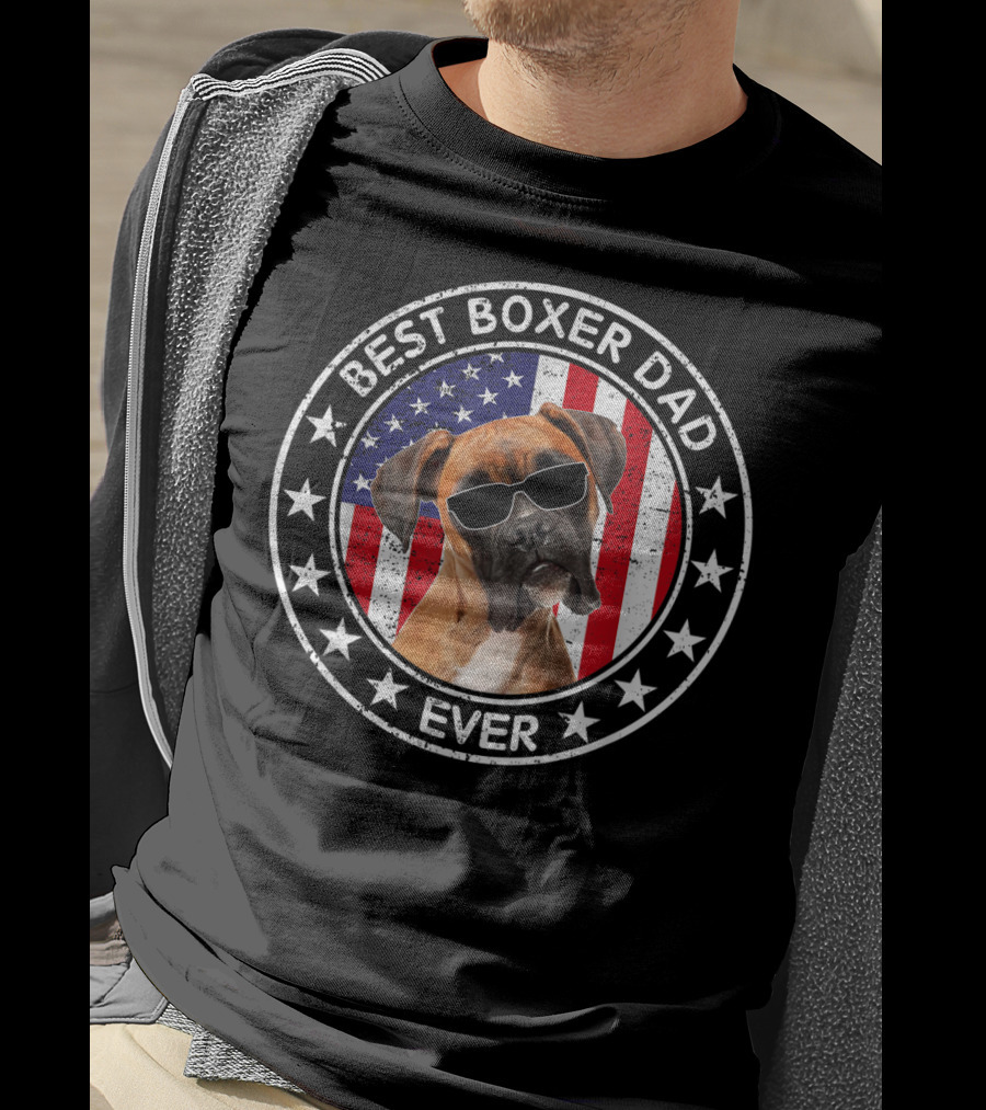 Best Boxer Dad Ever American Flag With Cool Sunglasses Dog T-Shirt