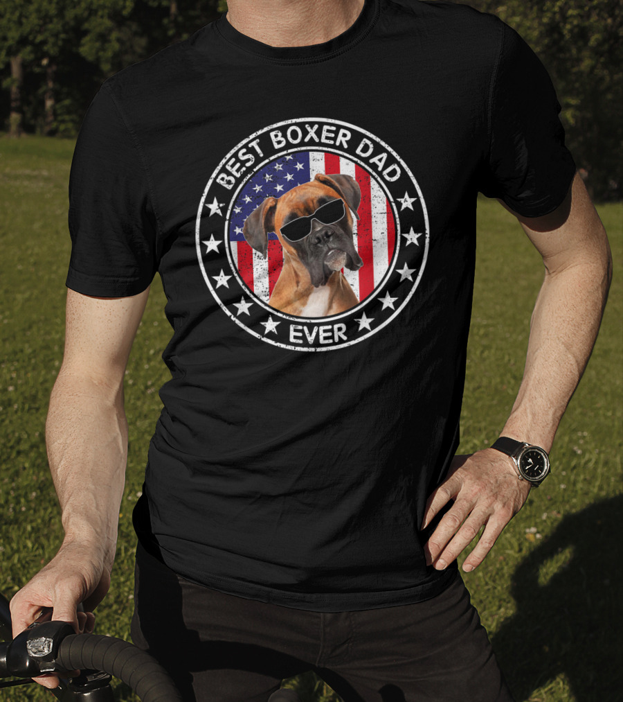 Best Boxer Dad Ever American Flag With Cool Sunglasses Dog T-Shirt