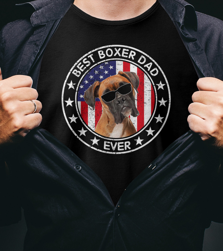 Best Boxer Dad Ever American Flag With Cool Sunglasses Dog T-Shirt