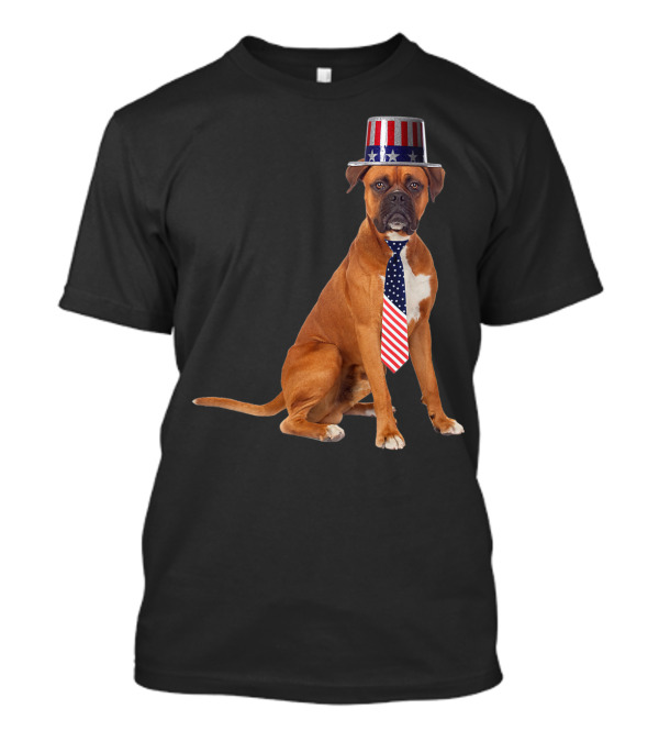 Boxer Dog In American Flag Top Hat And Tie For 4th Of July T-Shirt