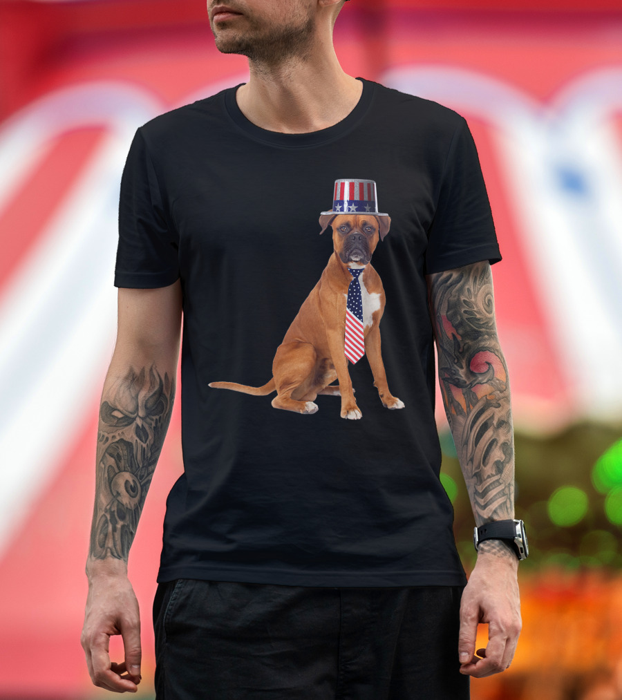 Boxer Dog in American Flag Top Hat and Tie for 4th of July T-Shirt