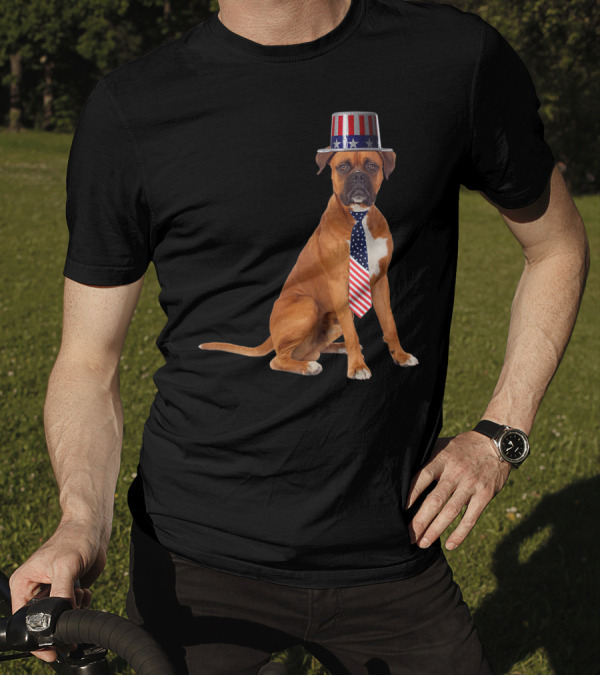 Boxer Dog In American Flag Top Hat And Tie For 4th Of July T-Shirt