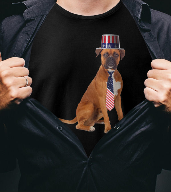 Boxer Dog In American Flag Top Hat And Tie For 4th Of July T-Shirt