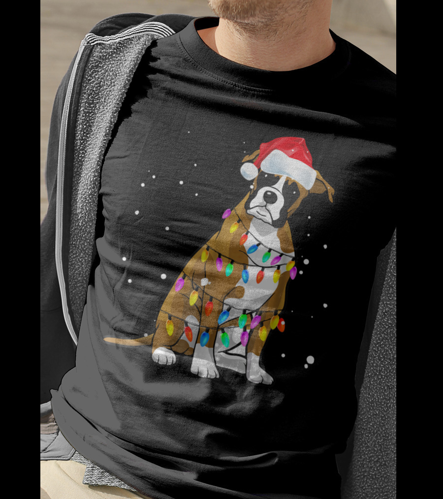 Boxer Dog Wrapped In Christmas Lights Wearing Santa Hat T-Shirt