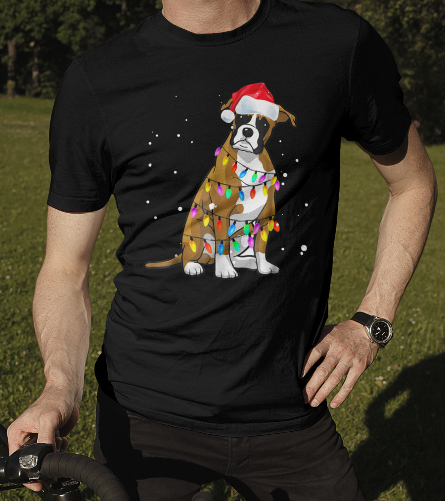 Boxer Dog Wrapped In Christmas Lights Wearing Santa Hat T-Shirt