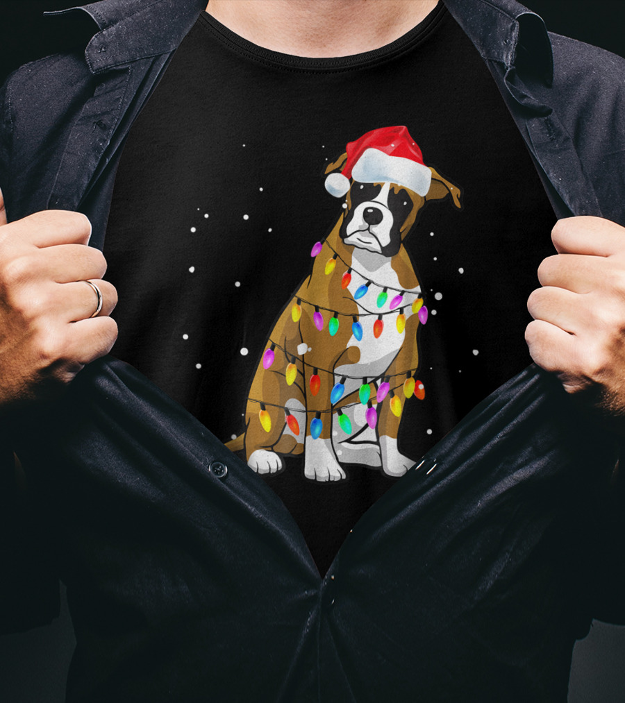 Boxer Dog Wrapped In Christmas Lights Wearing Santa Hat T-Shirt