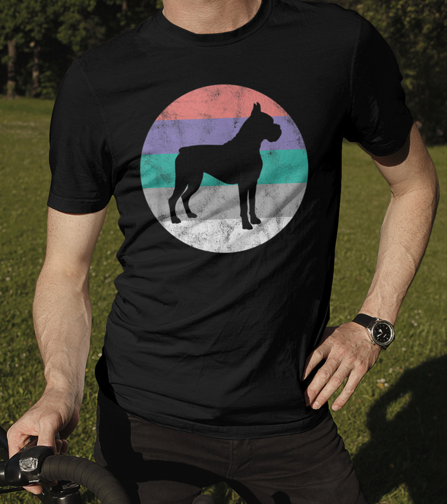 Boxer Dog Silhouette With Striped Circle Retro T-Shirt