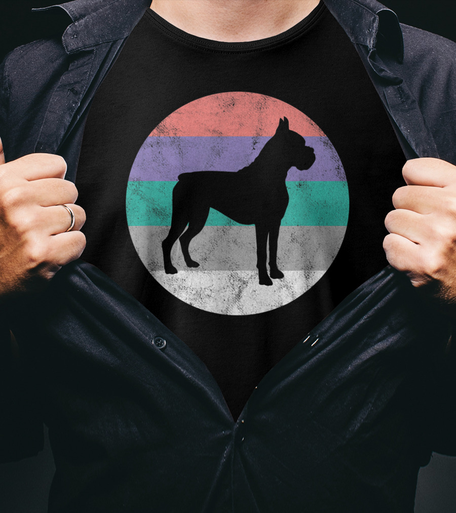 Boxer Dog Silhouette With Striped Circle Retro T-Shirt