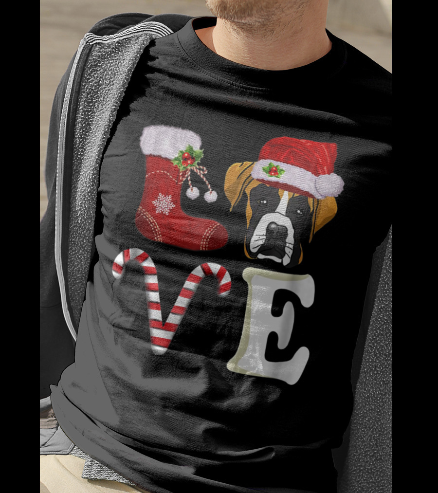 Boxer Dog Love Christmas Light With Santa Hat And Candy Cane T-Shirt