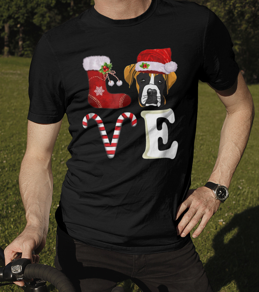 Boxer Dog Love Christmas Light With Santa Hat And Candy Cane T-Shirt