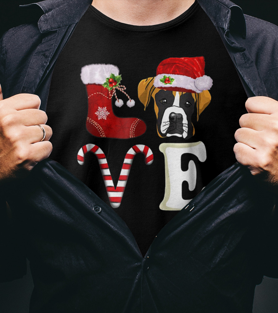 Boxer Dog Love Christmas Light With Santa Hat And Candy Cane T-Shirt