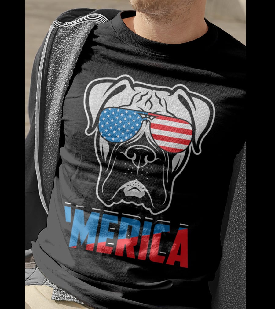 Boxer Dog In American Flag Sunglasses 'Merica Patriot T-Shirt