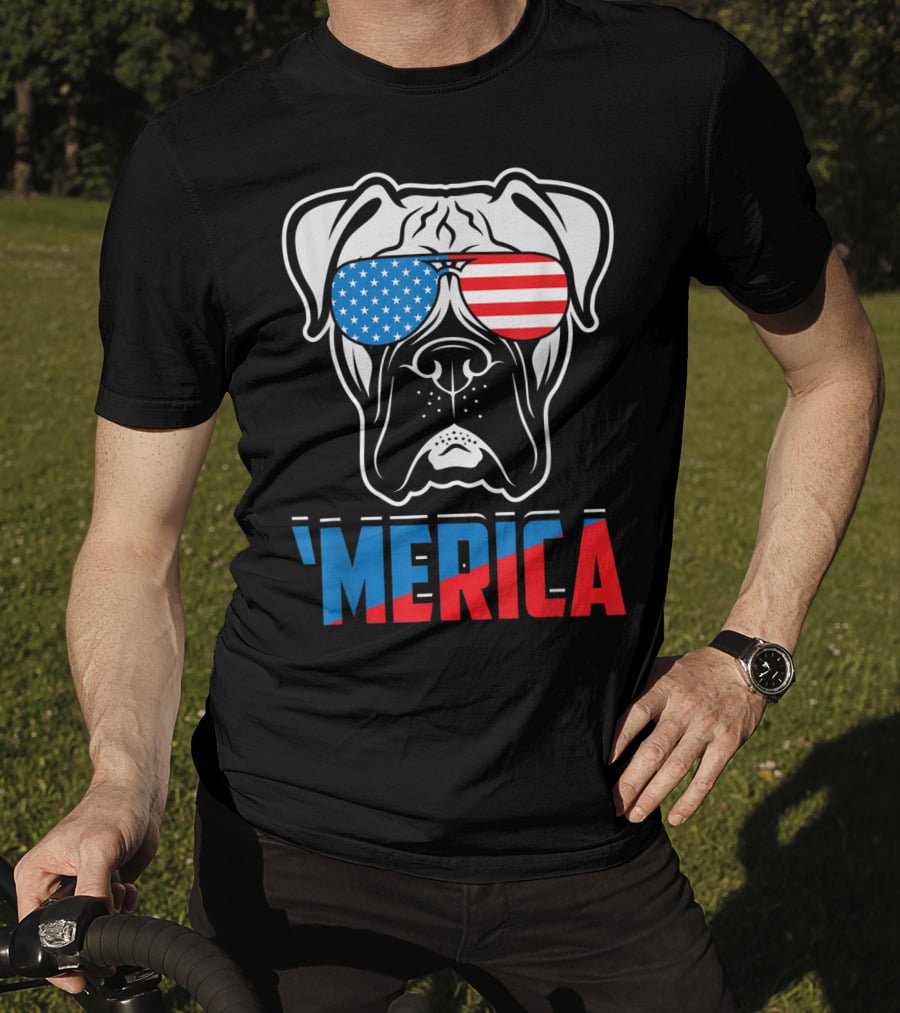 Boxer Dog In American Flag Sunglasses 'Merica Patriot T-Shirt