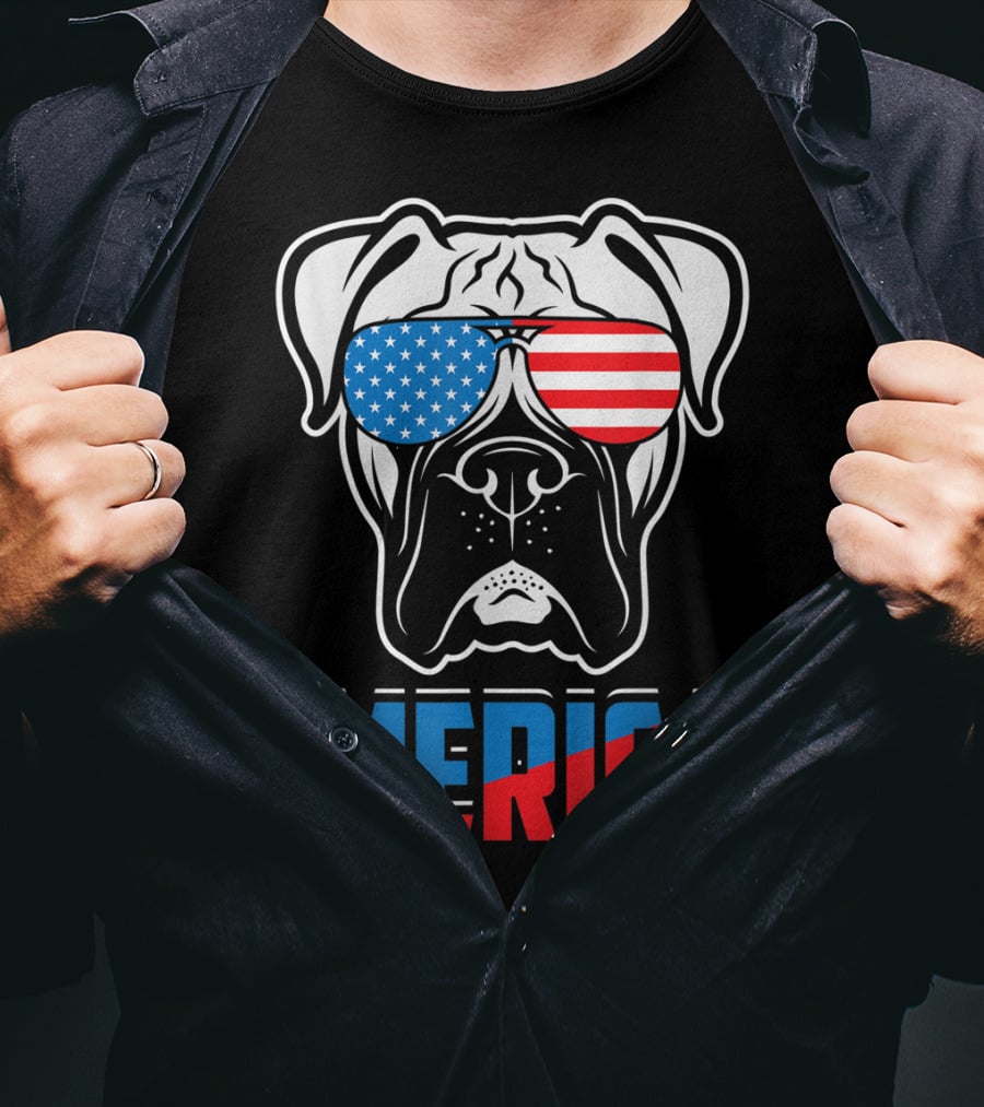 Boxer Dog In American Flag Sunglasses 'Merica Patriot T-Shirt