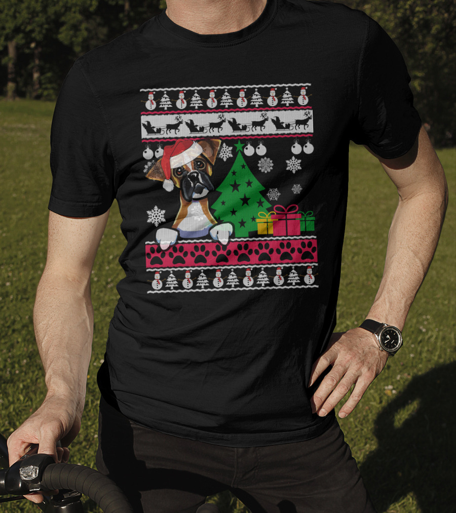 Boxer Dog Santa Hat Ugly Christmas Holiday Tree Gifts Snowflakes Festive T-Shirt