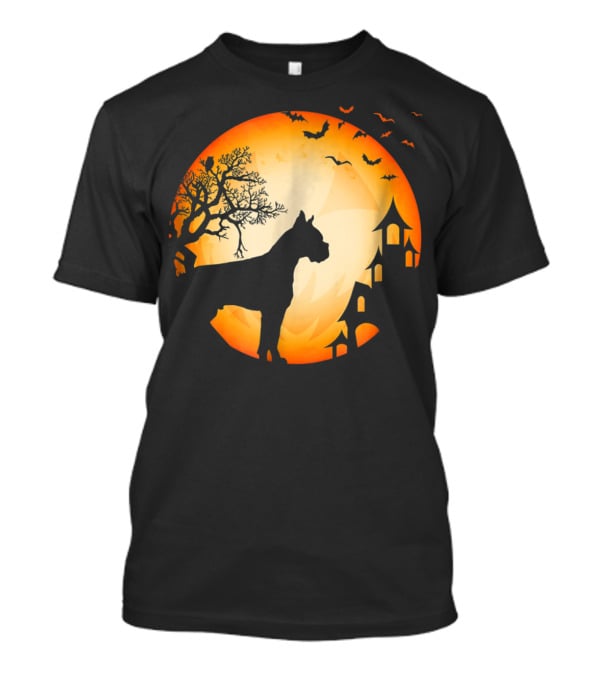 Scary Boxer Dog Halloween Moon With Bats And Haunted House Scene T-Shirt