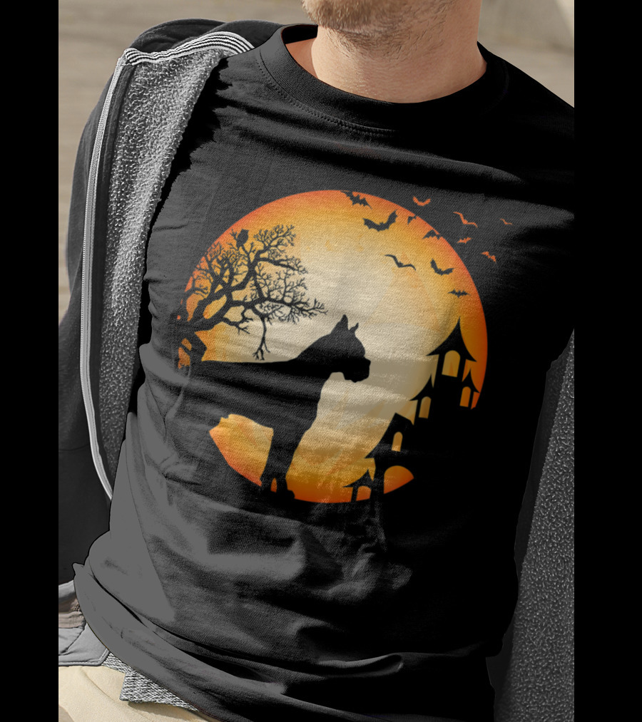 Scary Boxer Dog Halloween Moon With Bats And Haunted House Scene T-Shirt