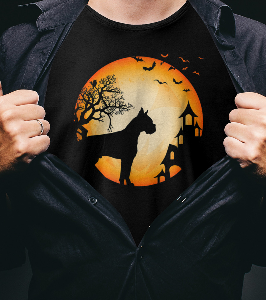 Scary Boxer Dog Halloween Moon With Bats And Haunted House Scene T-Shirt