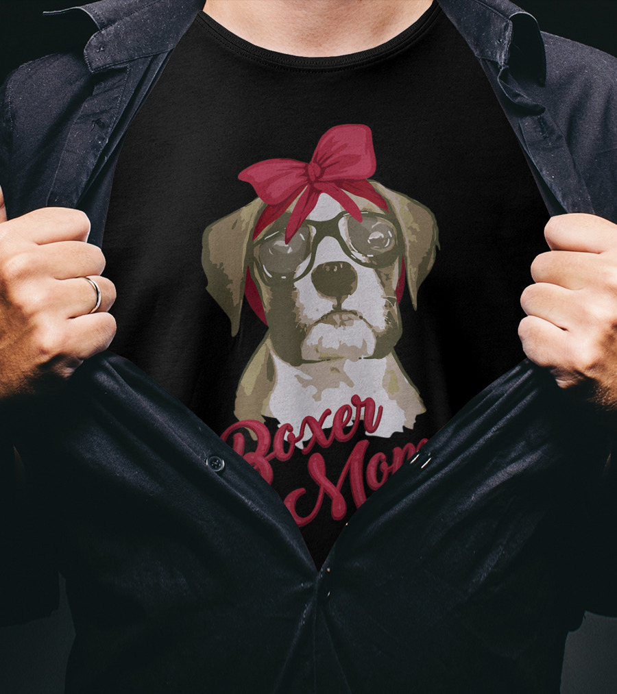 Boxer Mom Funny Cool I Heart Boxer Breed Glasses Red Bow T-Shirt