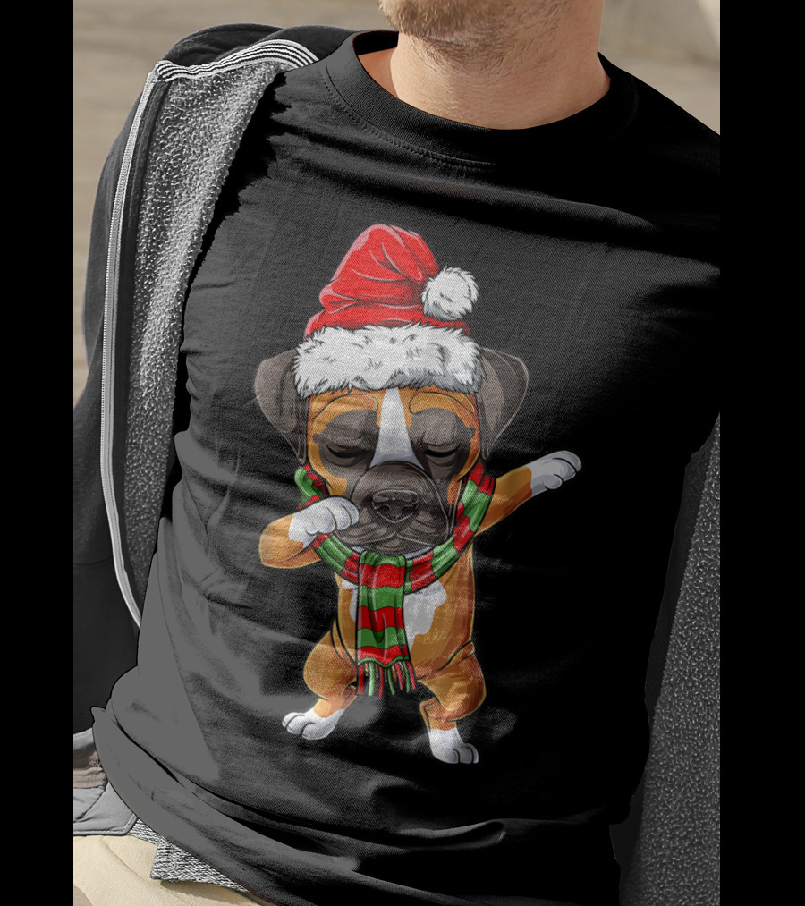 Dabbing Boxer Dog In Santa Hat With Christmas Scarf T-Shirt