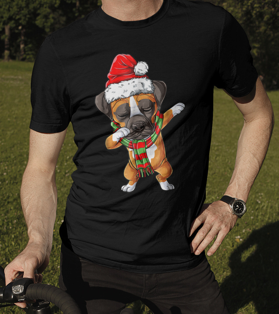 Dabbing Boxer Dog In Santa Hat With Christmas Scarf T-Shirt