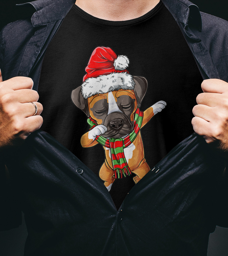 Dabbing Boxer Dog In Santa Hat With Christmas Scarf T-Shirt