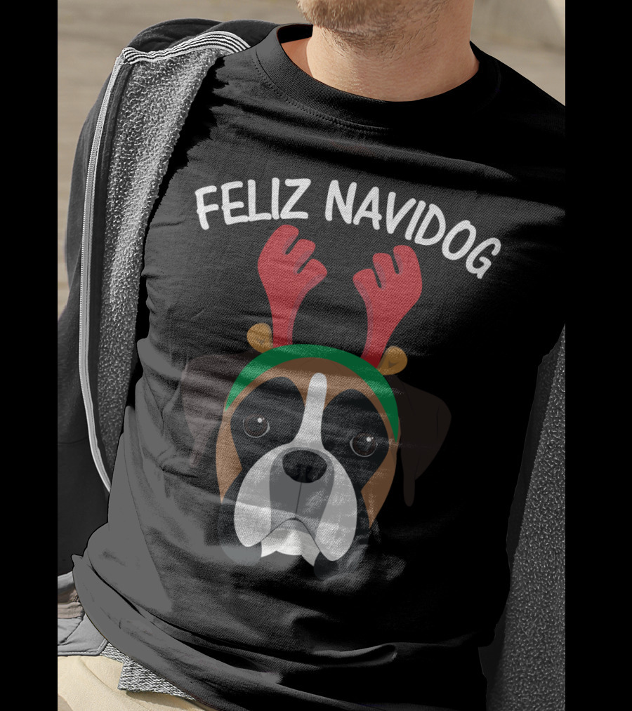 Feliz Navidog Navidad Boxer Dog Reindeer Antlers T-Shirt