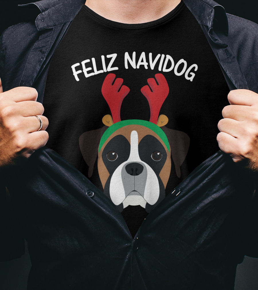 Feliz Navidog Navidad Boxer Dog Reindeer Antlers T-Shirt