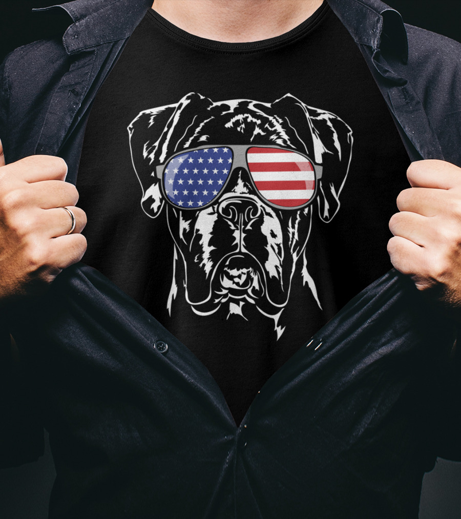 Funny American Flag Sunglasses Boxer Dog Pride T-Shirt