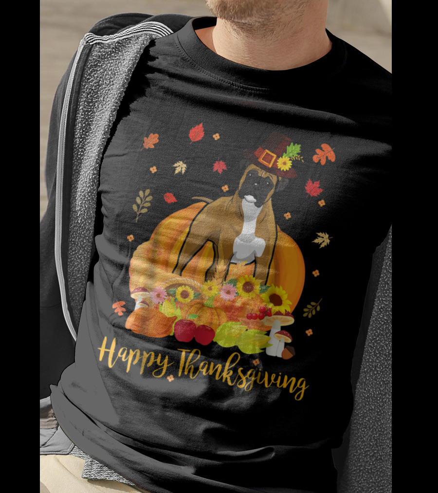 Thanksgiving Boxer Dog With Pilgrim Hat And Harvest Feast T-Shirt