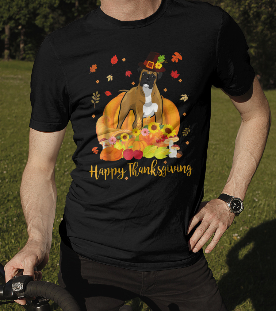 Thanksgiving Boxer Dog With Pilgrim Hat And Harvest Feast T-Shirt