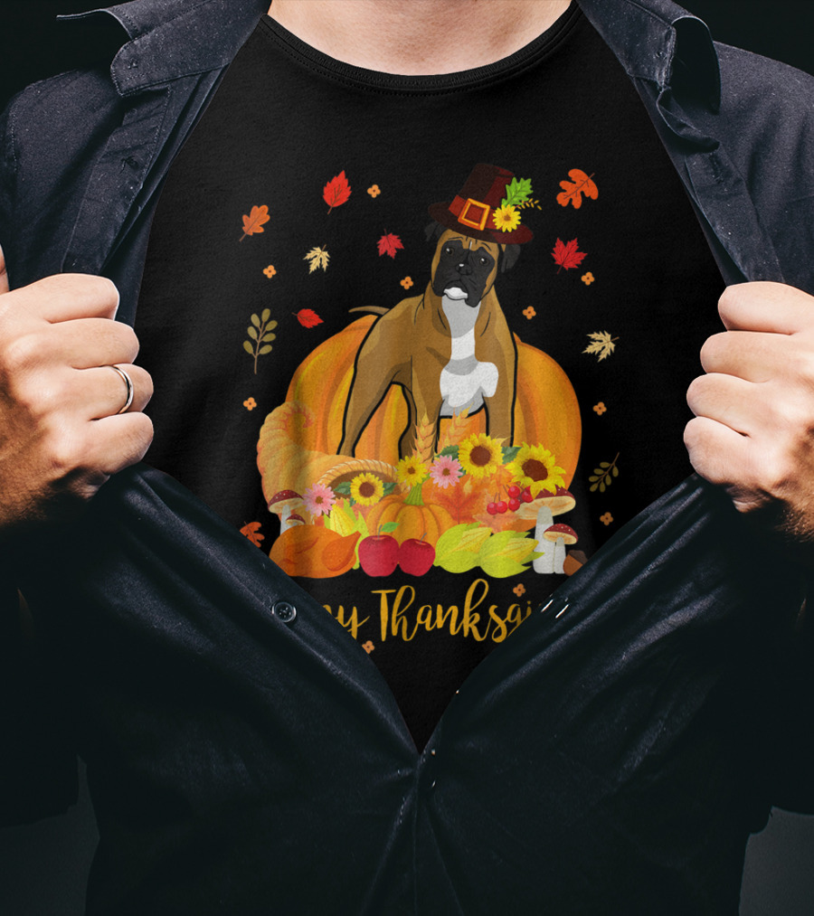 Thanksgiving Boxer Dog With Pilgrim Hat And Harvest Feast T-Shirt