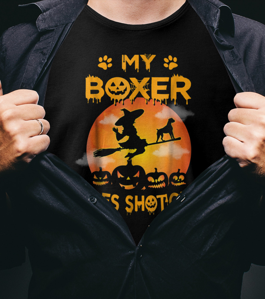 My Boxer Rides Shotgun Halloween Witch Broomstick Pumpkin Paws T-Shirt