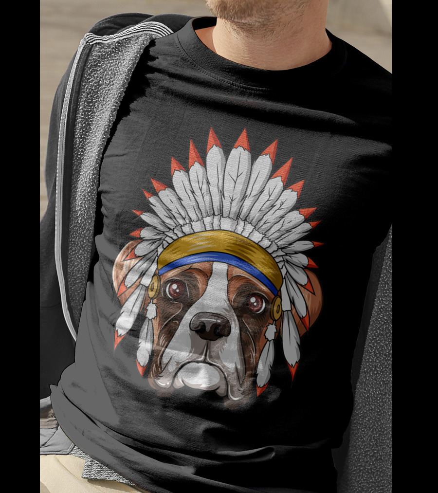 Native Indian American Boxer Feather Headdress Boxer Dog T-Shirt