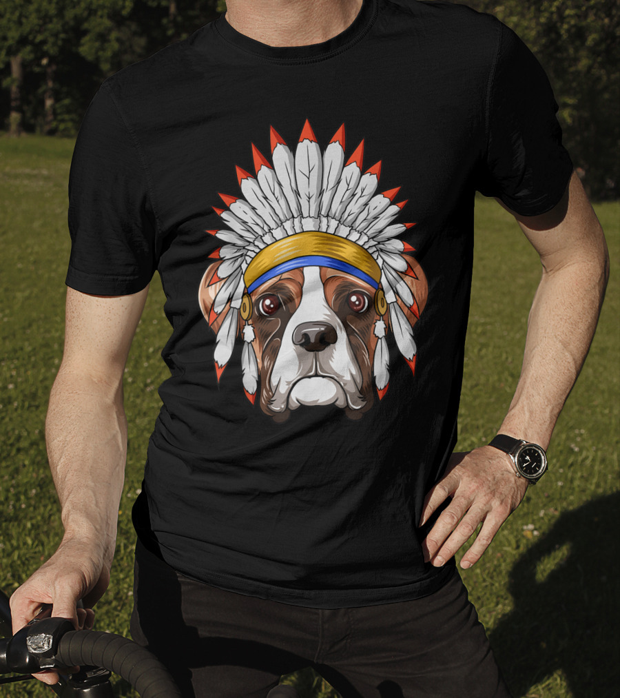 Native Indian American Boxer Feather Headdress Boxer Dog T-Shirt