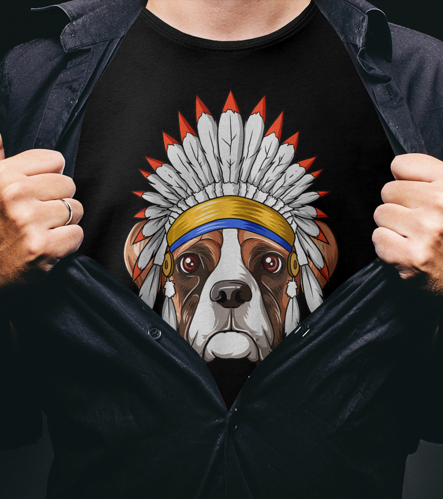 Native Indian American Boxer Feather Headdress Boxer Dog T-Shirt