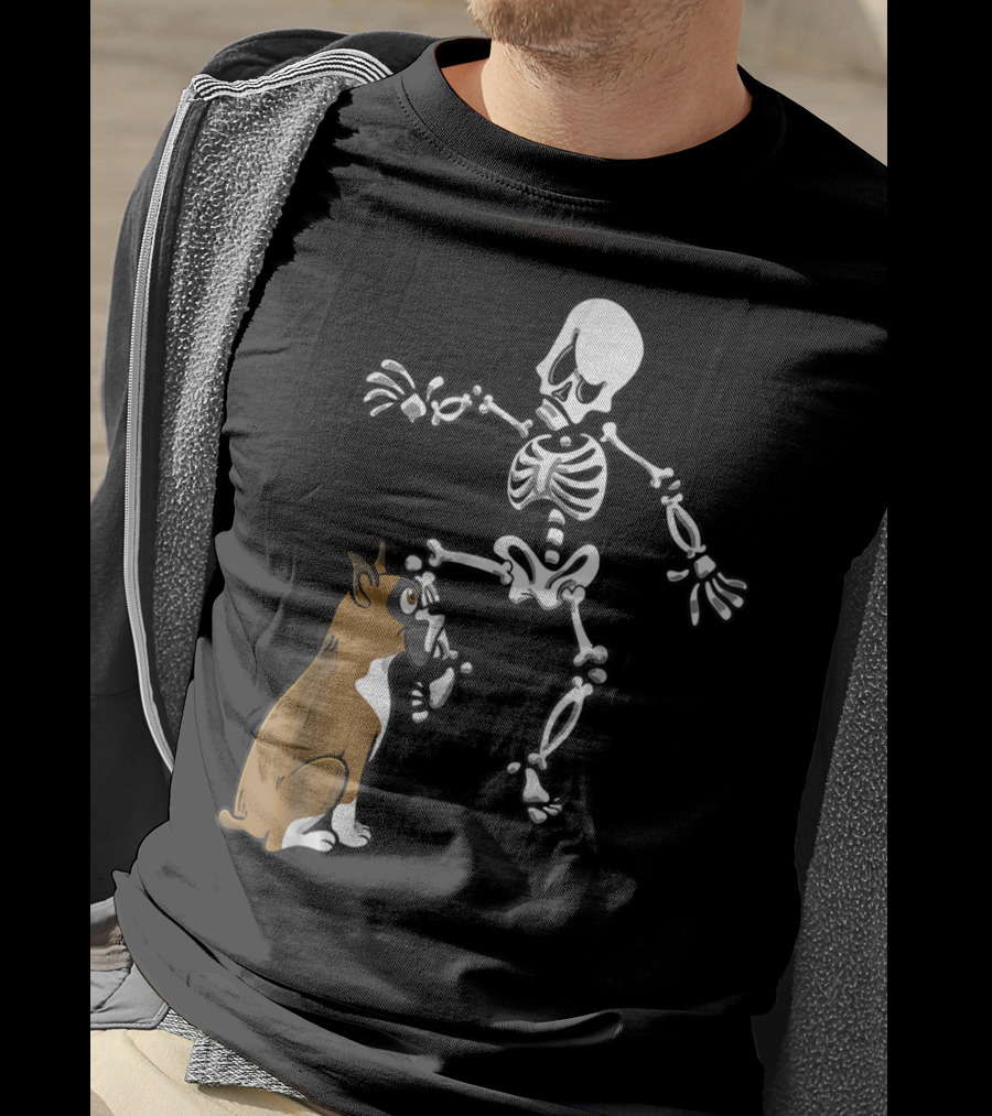 Boxer Dog Biting Skeleton Leg Halloween Dog Skeleton T-Shirt