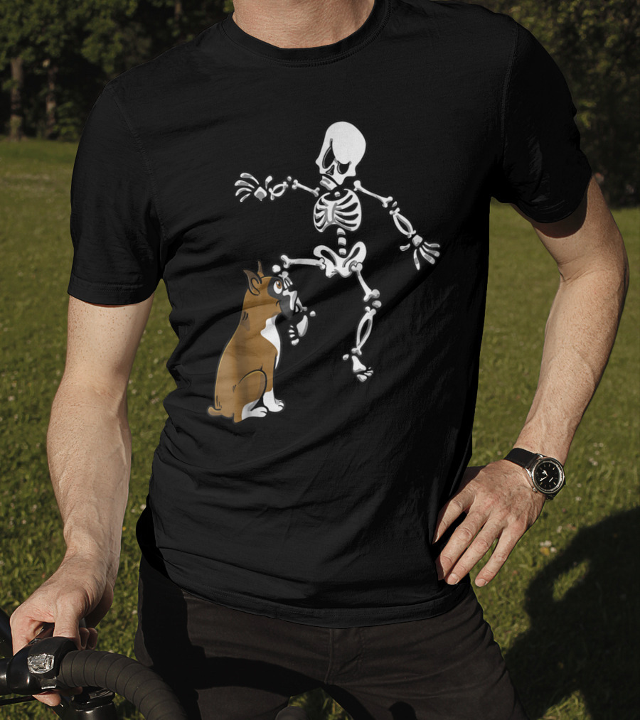 Boxer Dog Biting Skeleton Leg Halloween Dog Skeleton T-Shirt