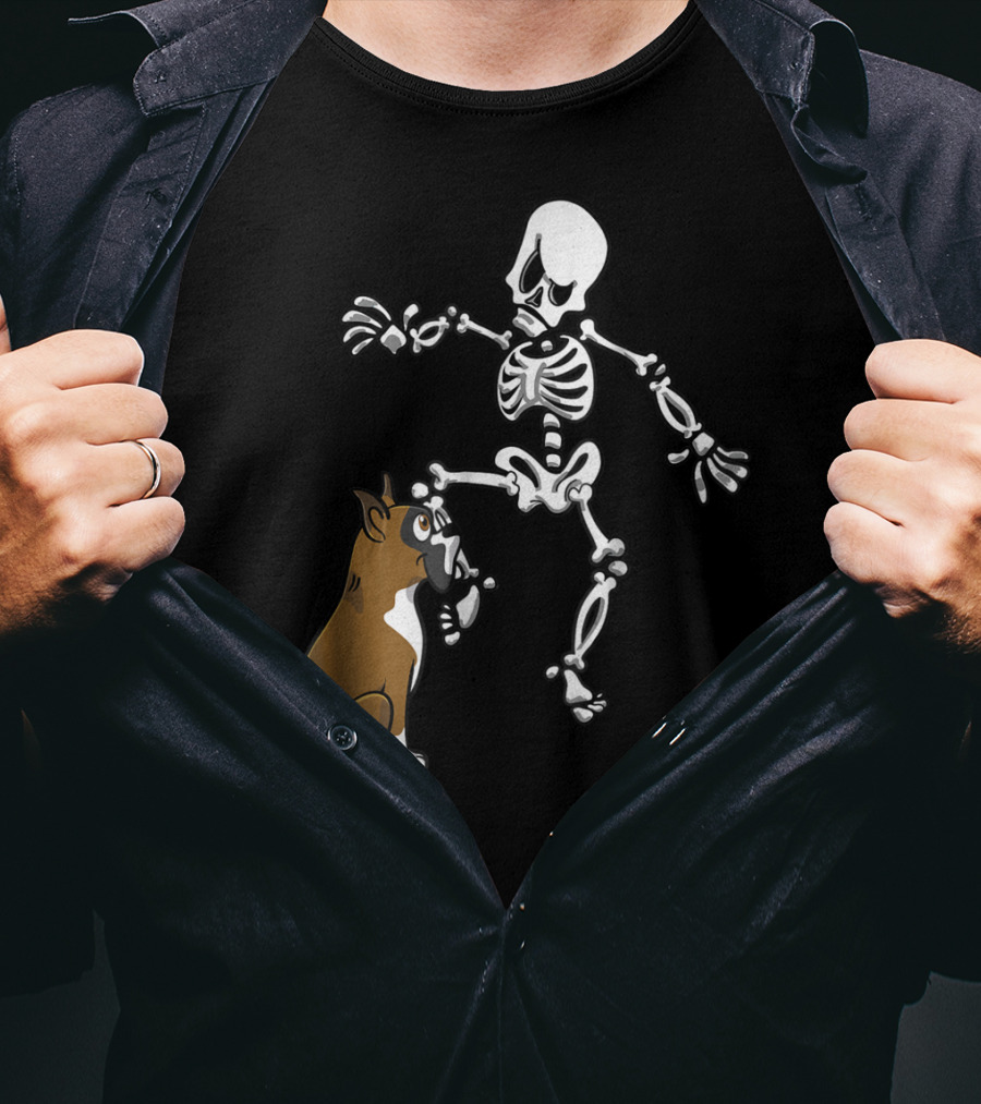 Boxer Dog Biting Skeleton Leg Halloween Dog Skeleton T-Shirt
